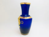 Vintage Bohemian Czech Cobalt Glass Gilt Vase with Enamel Flowers