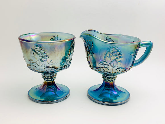 1970’s Indiana Carnival Glass, Blue Harvest Cream and Sugar Set