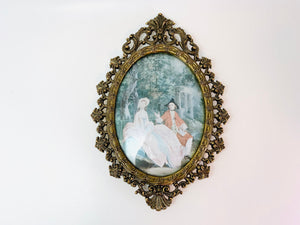 Vintage Italian Ornate Metal Victorian Framed Silk Print, Convex Glass