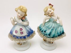 1950’s Hand Painted Little Crinoline Girls With Porcelain Lace