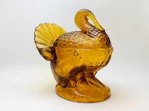 Vintage Amber Glass Turkey Lidded Candy Dish