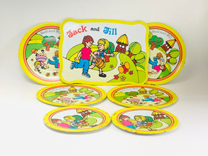 Vintage Jack and Jill 7pc Tin Toy Dish Set