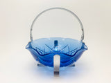 Vintage Small Blue Glass Ruffled Bowl in Metal Basket