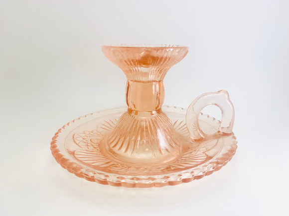 Antique Zabkowice Pink Glass Candle Stick Holder with Handle