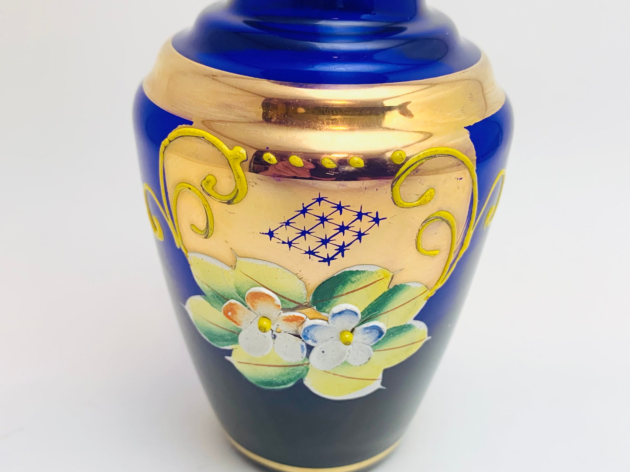 Antique vintage Czech cobalt blue glass with online gold gilt flower vase