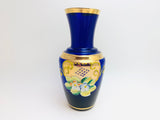 Vintage Bohemian Czech Cobalt Glass Gilt Vase with Enamel Flowers