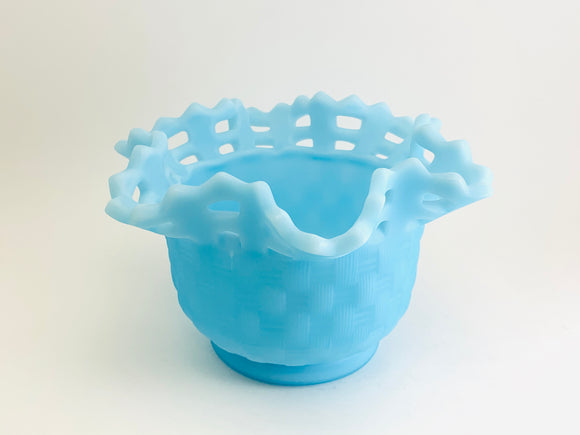 1970’s Fenton Blue Satin Glass Basket Weave Bowl