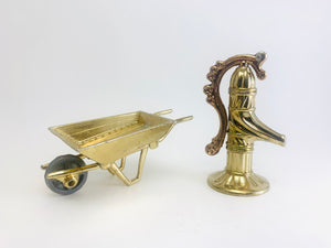 Vintage Brass Wheelbarrow and water Pump Dollhouse Miniatures