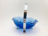 Vintage Small Blue Glass Ruffled Bowl in Metal Basket