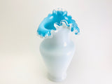 Vintage Fenton Spanish Ruffle Milk Glass and Aqua Blue Vase