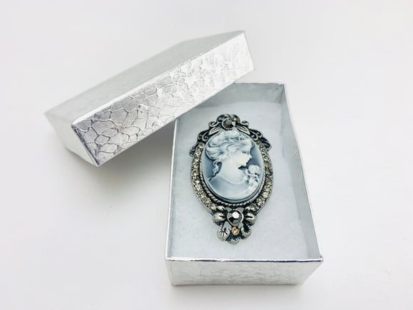 Victorian Style Cameo Black and White Brooch With Rhinestones