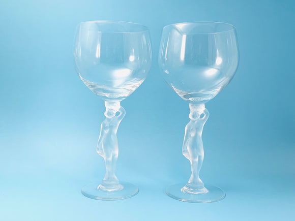 Vintage Bayel France Nude Woman Wine Glasses, Frosted Crystal Stemware