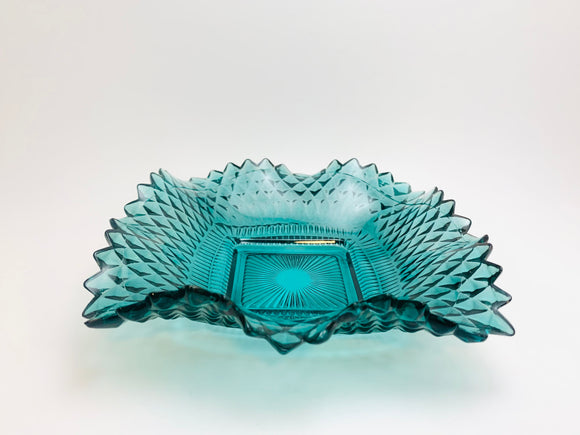Vintage Indiana Diamond Point Glass Teal Ruffled Dish