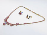 1940’s Lace Dentelle Jay Kel Sterling Silver Pink Rhinestone Necklace and Clip on Earrings Set