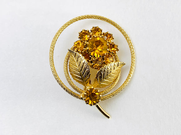 Vintage Amber Rhinestone Flower Brooch