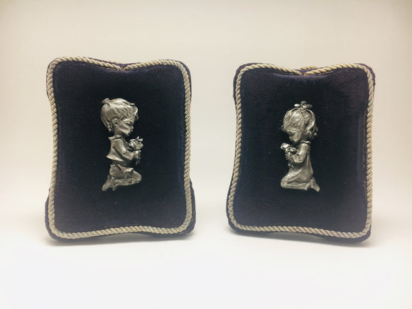 1940’s Peltro Cesellato A Mano Pewter Praying children plaques