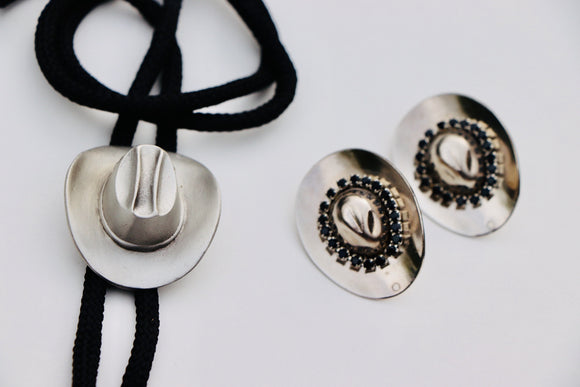 Western Cowboy Hat Bolo Tie and Earring Set