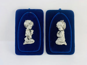 SOLD! 1960’s Italian Pewter Praying Boy and Girl on Royal Blue Velvet Wall Hangings