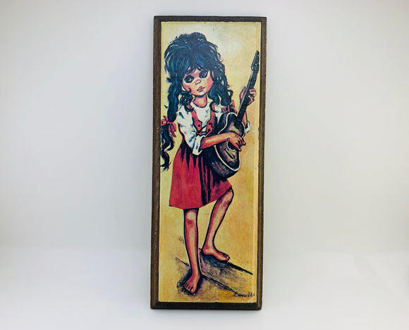 SOLD! 1970’s Lien Mei Print on Board, Girl Playing Guitar