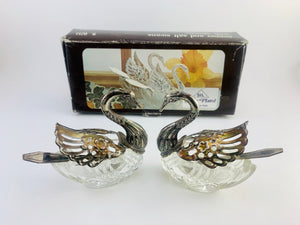 SOLD! 1960’s Silver Plated Crystal Swan Pepper and Salt Cellars with Silver Spoons