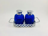 1950’s Cobalt Blue Glass Salt and Pepper Shakers with Tray