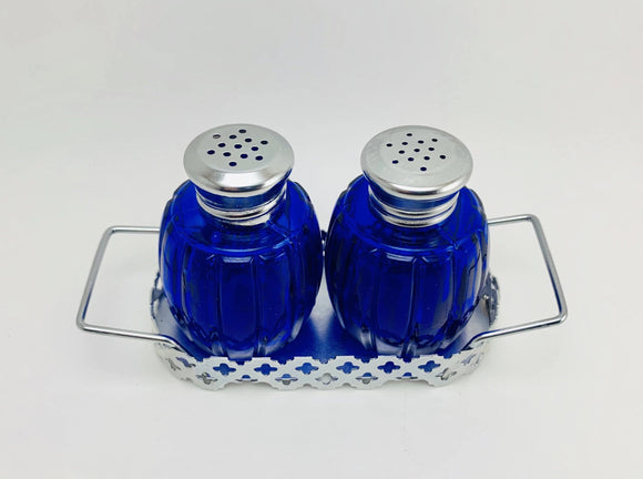1950’s Cobalt Blue Glass Salt and Pepper Shakers with Tray